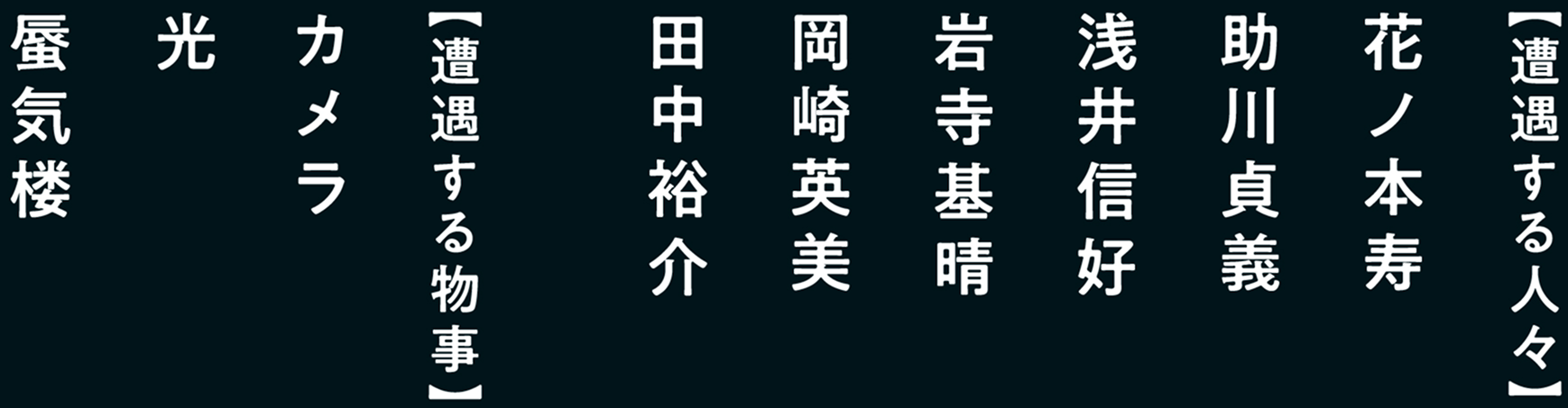 【遭遇する人々】花ノ本寿、助川貞義、浅井信好、岩寺基晴、岡崎英美、田中裕介【遭遇する物事】カメラ、光、蜃気楼